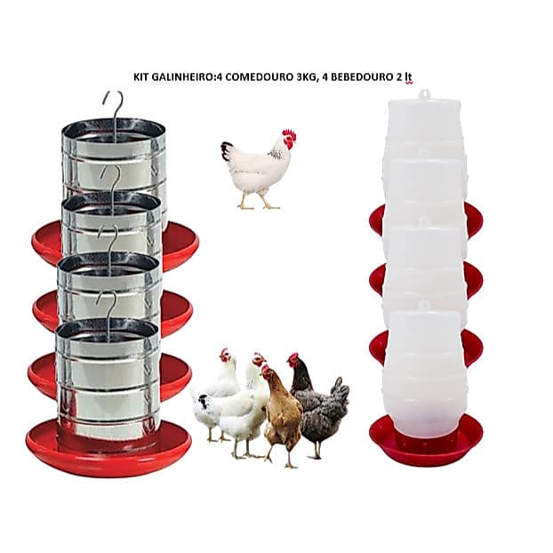 Kit 4 Comedouro Galvanizado Automático 3kg + 4 Bebedouro de Pendurar Automático Para Galinheiro Granja Frango Galinha