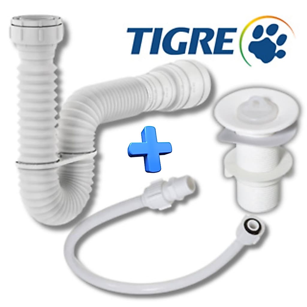 Sifão Sanfonado Ajustável Flexível Tigre + Válvula Lavatório Luxo Banheiro Cuba Pia Coz Tanque + Engate Plástico 40cm