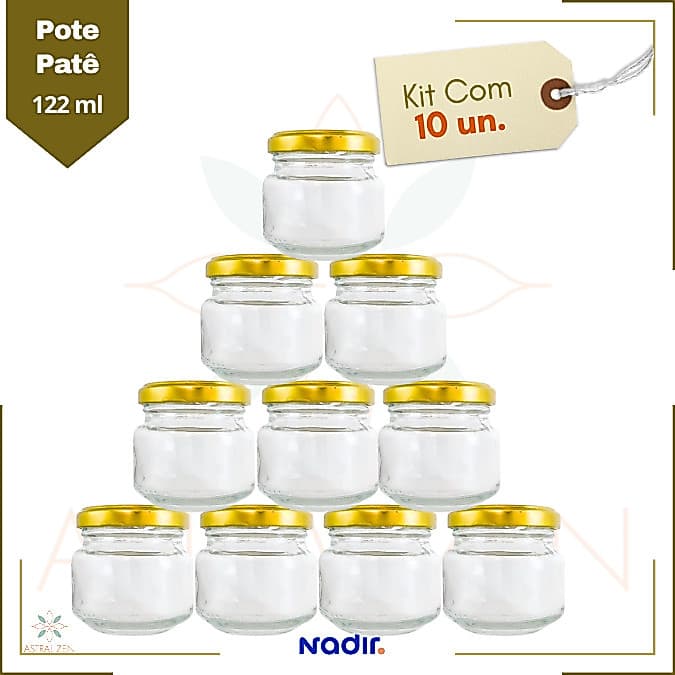 Pote de Vidro Patê 122ml Doces  Bolos Geleias Lembranças Com Tampas Metálicas - 10unds