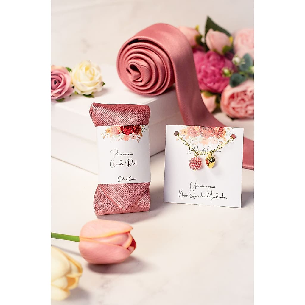 Gravata Rosa Canela 1200 fios Jacquard e Pulseira Rosa Canela para Padrinhos e madrinhas Casamento