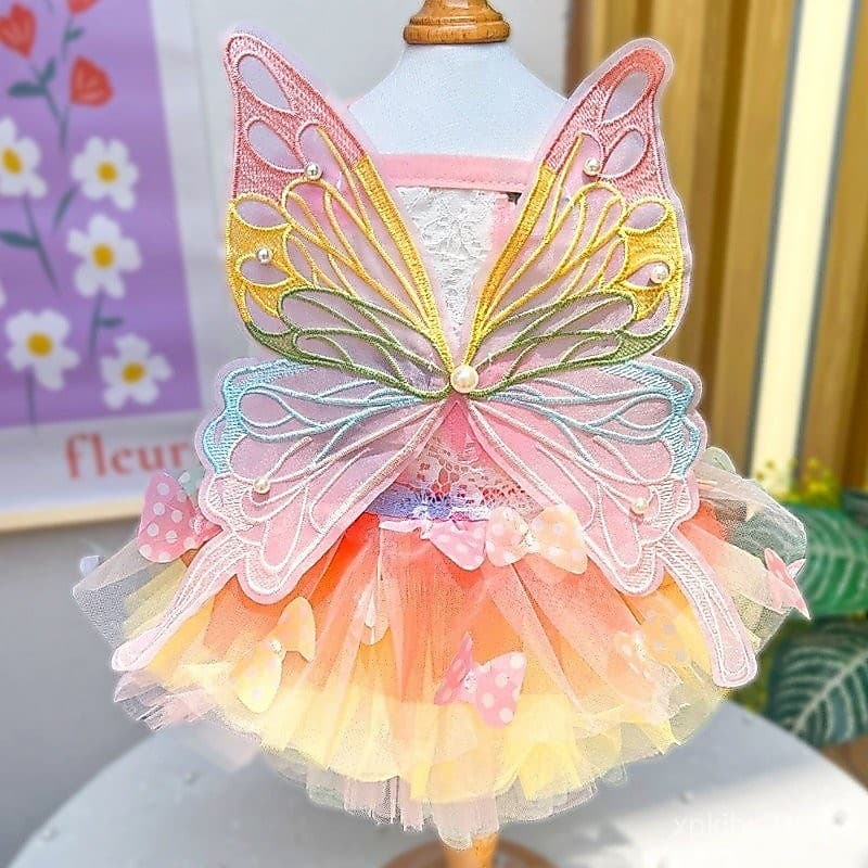 Vestido de Princesa Borboleta Arco-Íris para Filhotes de Shih Tzu, Vestido de Verão para Gatos, Roupas para Animais de E