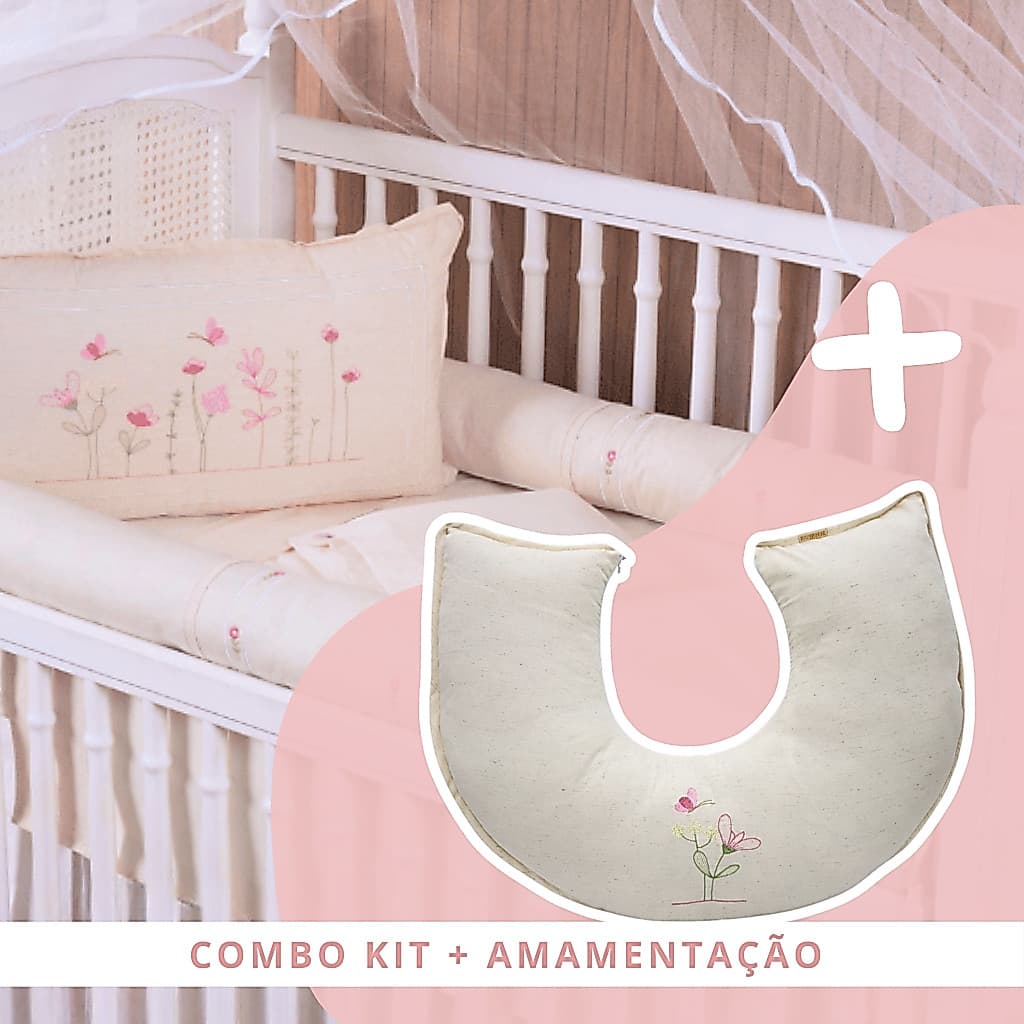 Kit Berço Menina Luxo Borboletas e Flores Linho 100% Algodão + Almofada Amamentação Luxo
