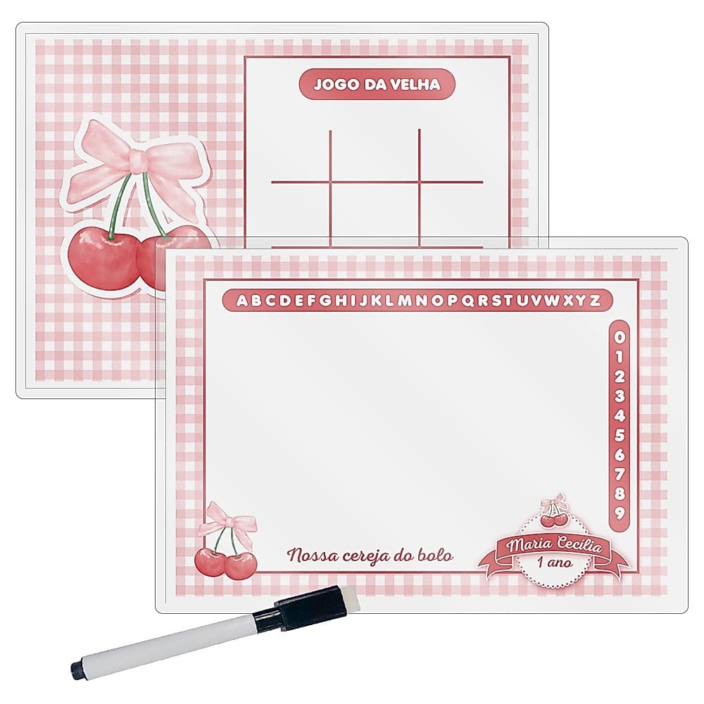 10 Lousa Mágica + Caneta Com Apagador Personalizada Lembrancinha Festa Infantil Tema Cerejinha Cerejas