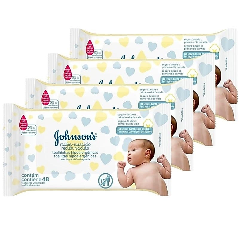 Kit 4 Pacotes Johnson's Baby Lenços Umedecidos Recém Nascido, 192 Unidades