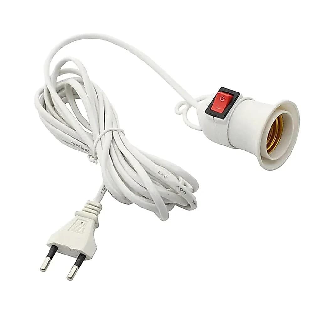 Soquete E27 com Cabo 2m e Interruptor | Plug UE | Suporte Pendente para Lâmpada LED