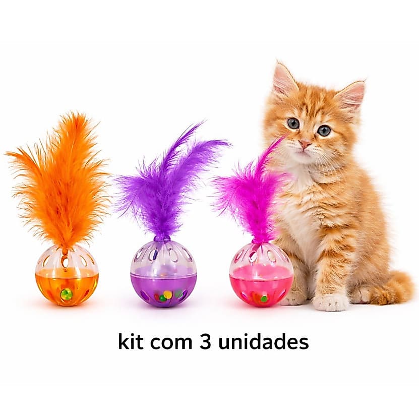 Kit 3 Bolinhas Interativas para Gato – Com Pena, Som e Cores Vibrantes – Estimula Instinto de Caça