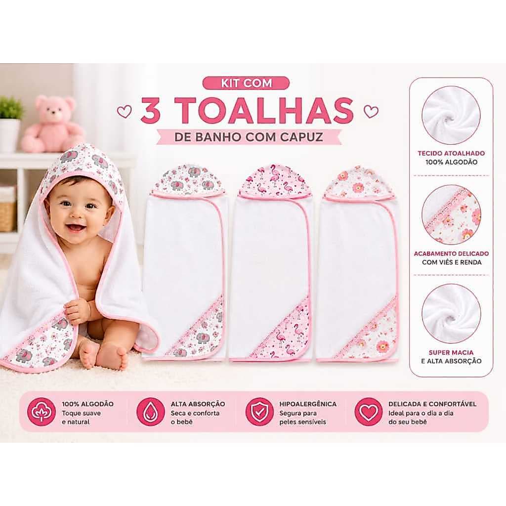 Kit Toalha de Banho Forrada Sortida para Bebê  Maciez Conforto e Proteção