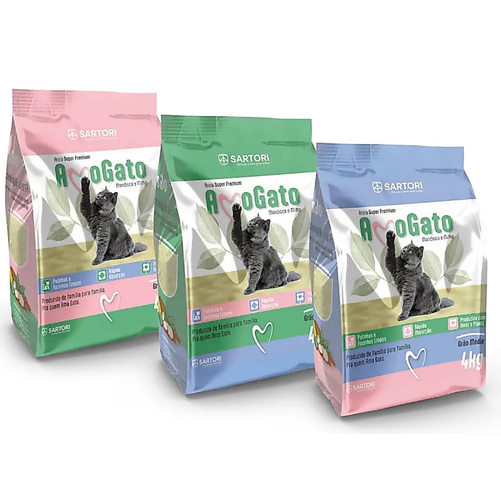Areia Higiênica Biodegradável para Gatos Amo Gato Grão Fino Médio ou Grosso 4kg