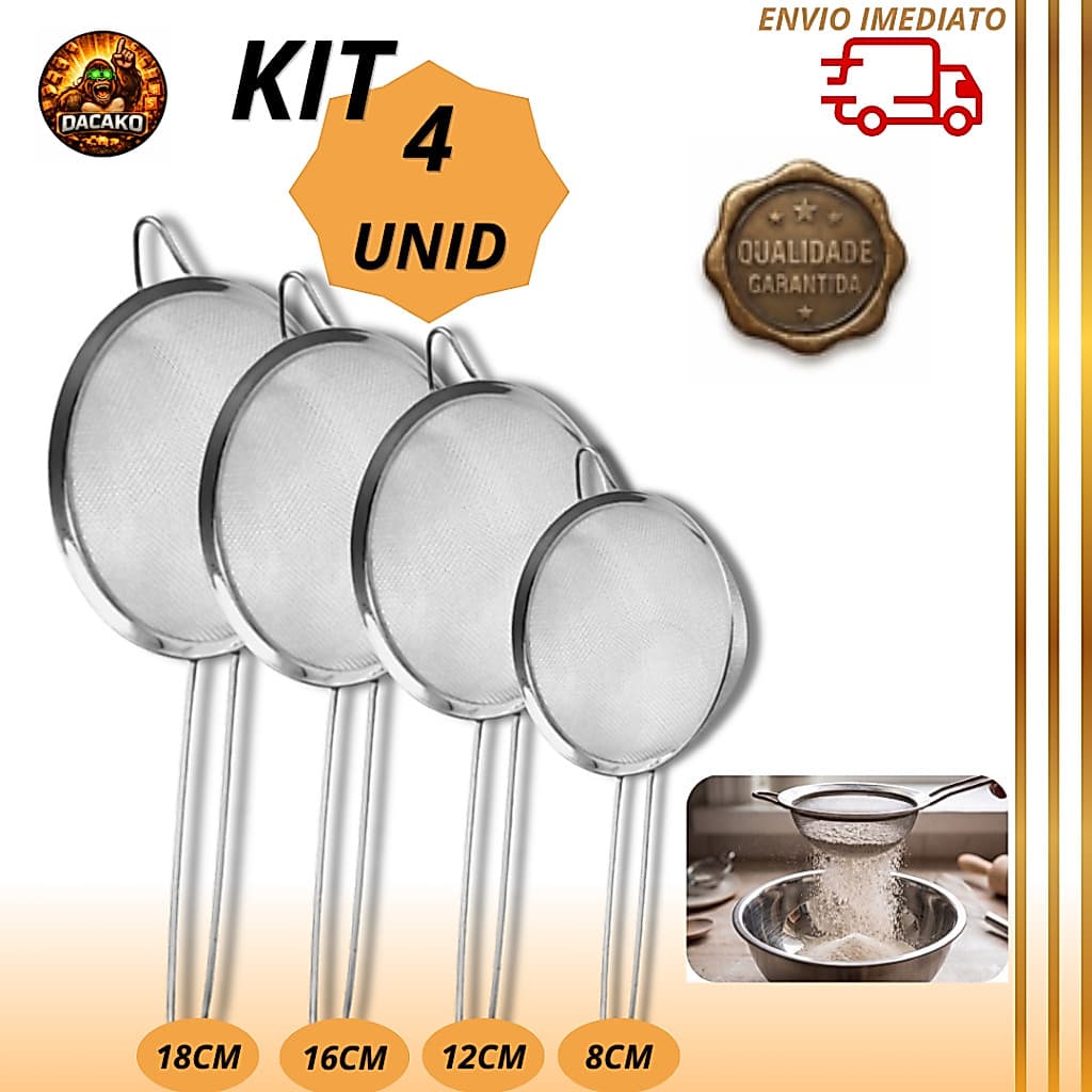 Kit Peneiras Coador Inox 8 12 16 18cm Cozinha Culinária Resistente Utensílios Gourmet Completo