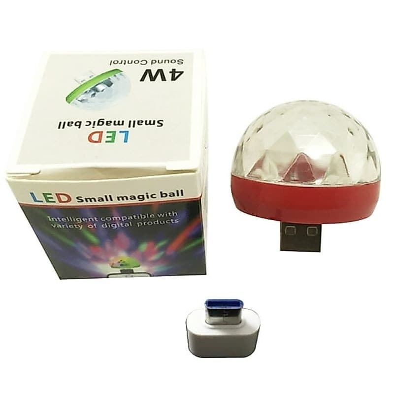 Mini Luz de Discoteca Giratória com Porta USB e Tipo-C, Bola Mágica de LED RGB Portátil