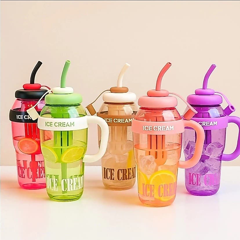Garrafa de Água com Canudo de Silicone Grande com 1350ml Capacidade com Filtro Portátil ICE CUP ICE CREAM HIDRATE-SE ^