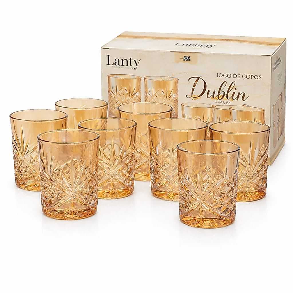 Jogo 6 Copos de Vidro Âmbar 320ml Dublin para Água Suco Drink Whisky Bar Cozinha
