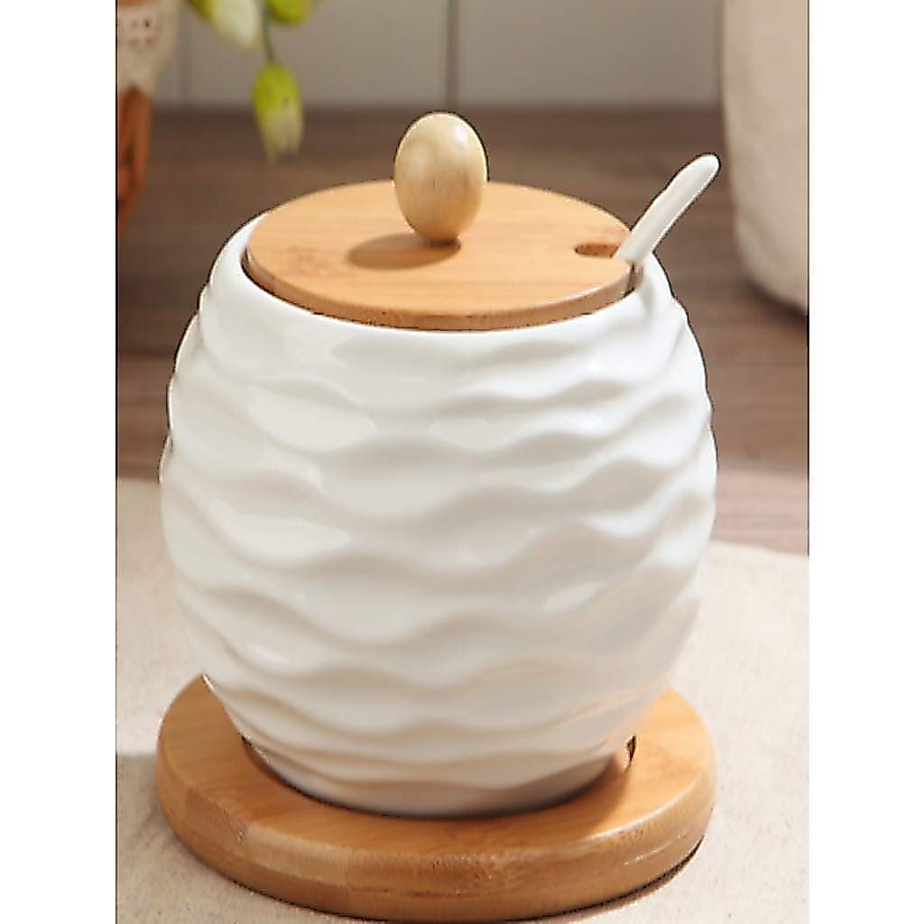 Saleiro de Mesa Cerâmico com Tampa de Madeira e Base de Bambu 500g, Suprimentos Escolares, Volta às Aulas