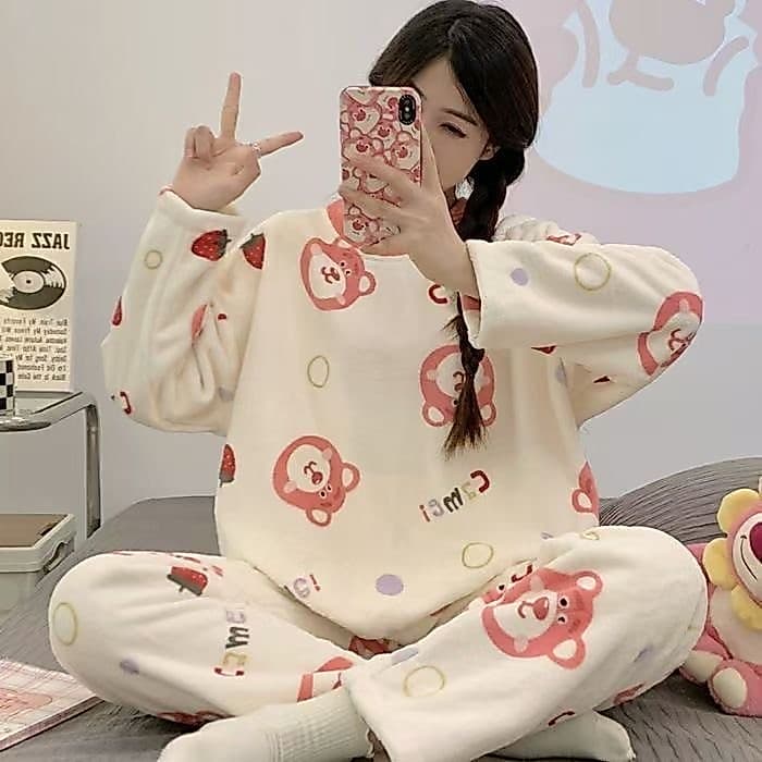 Enviado dentro de 48 horas] 2023 novo estilo feminino inverno Coral velo manga comprida pijama térmico de duas peças/est