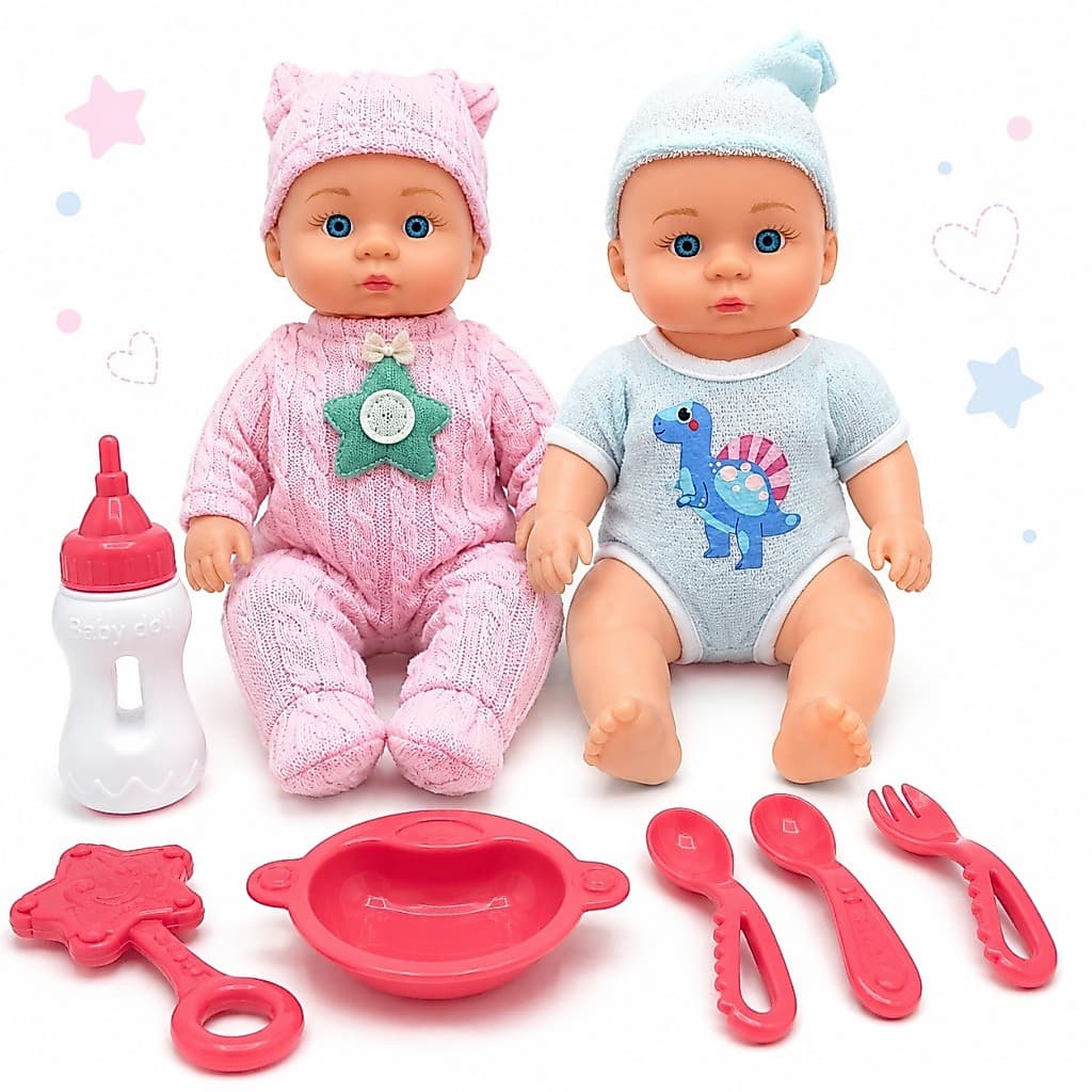 Boneca Bebê com Acessórios 2 Bonecas Kit Alimentação Mamadeira Prato Talheres e Chocalho Infantil