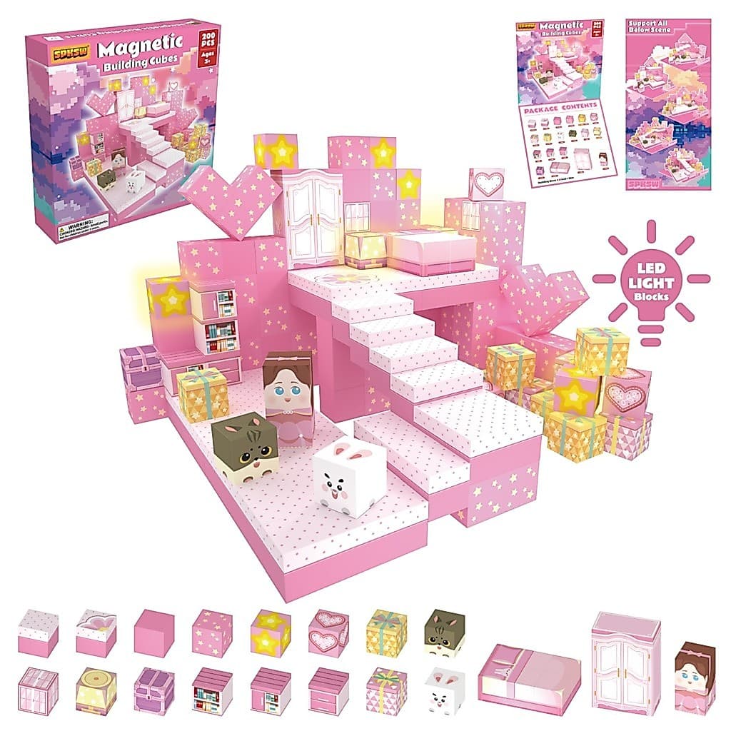 200 Pcs Rosa Versão Home Blocos De Construção Magnéticos Com 4 Luz LED Integrados STEM Educacional Criativo Pretend Play