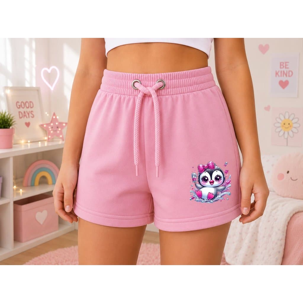 Short Infantil Feminino Básico de Moletom para Criança, Ideal para Passeios e Brincadeiras Estampa de Pinguim Delicada