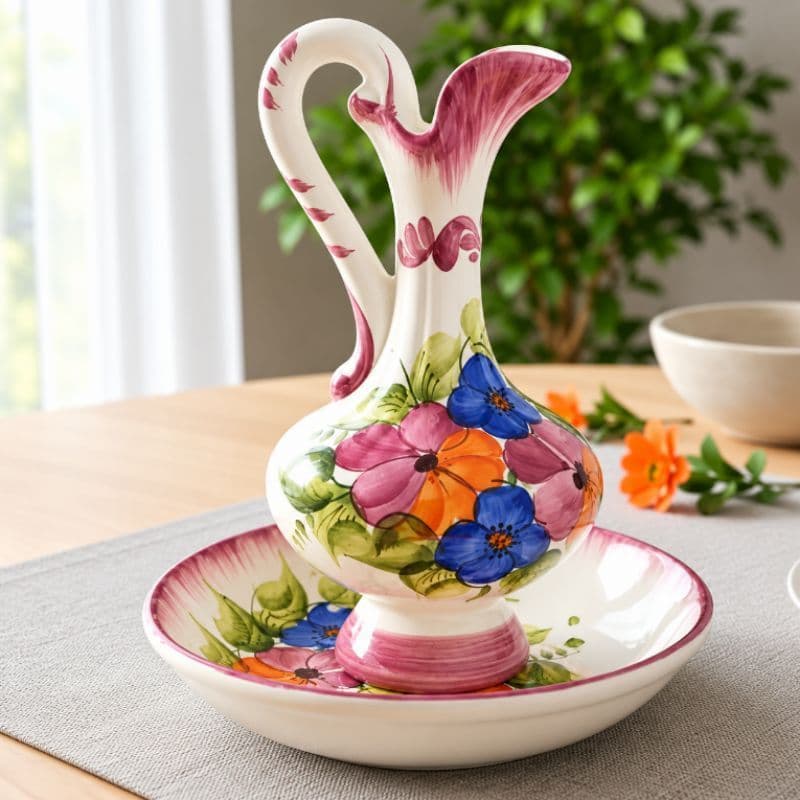 Jarra Esmaltada Cerâmica 600ml Com Bacia Decorada Divina Decor Cozinha