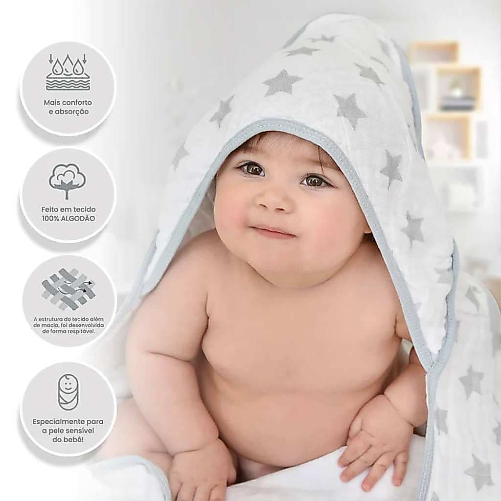 Toalha De Banho Bebê Papi Soft Com Capuz 80x80cm Star Cinza 100% Algodão Macia Absorvente