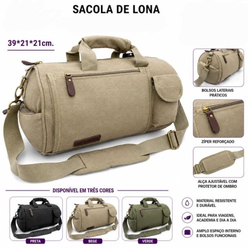 Bolso Lona Tubular Pequena Reforçada Tiracolo Acadêmia Pesca Trilha Tamanho 20L RO33