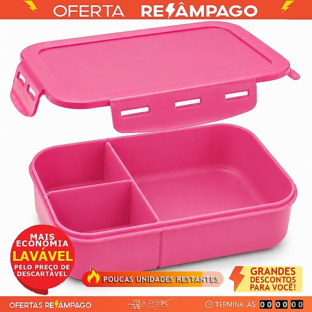 Marmita Hermética Pink 1250ml 3 Divisórias BPA Free Reutilizavel Freezer Microondas Lava Louças