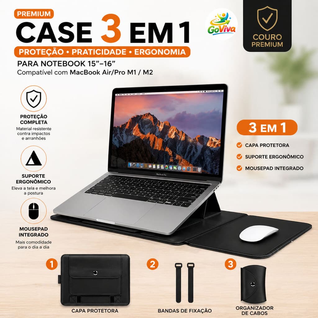 Case 3 em 1 Notebook 15-16” MacBook Air/Pro M1/M2 Capa Couro Premium Suporte Ergonômico + Mousepad Integrado Preto