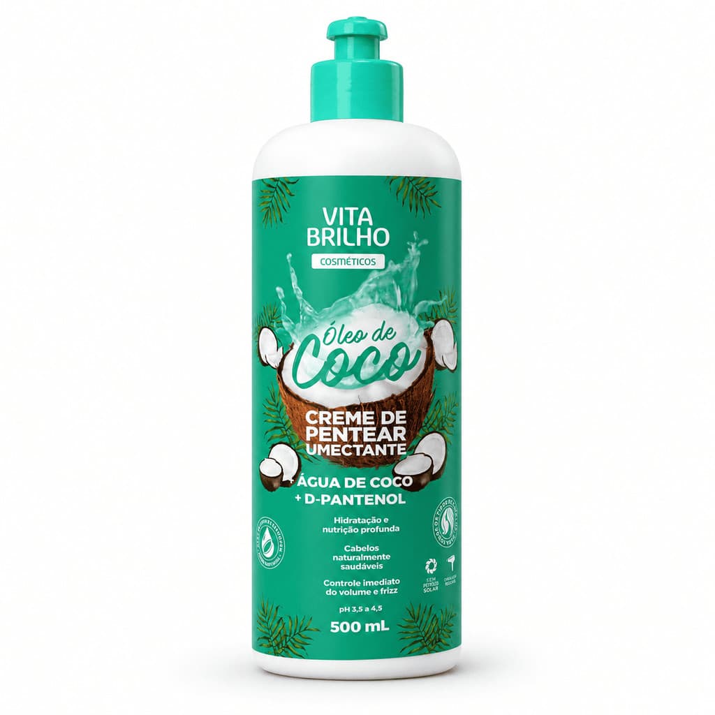 Creme de Pentear Óleo de Coco 500ml Vita Brilho Umectante Água de Coco D-Pantenol Anti Frizz Sem Enxágue