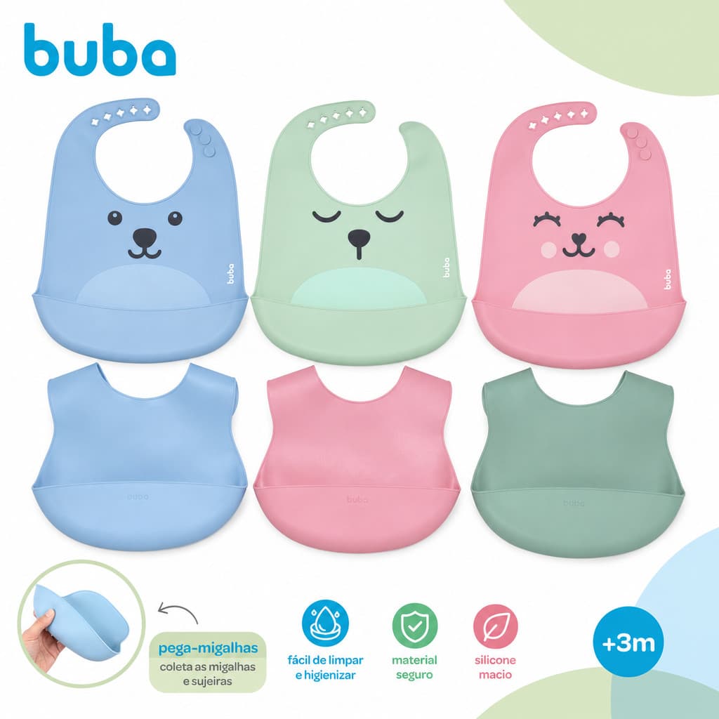 Babador em Silicone Buba com Pega Migalhas Gummy Rosa Azul e Verde
