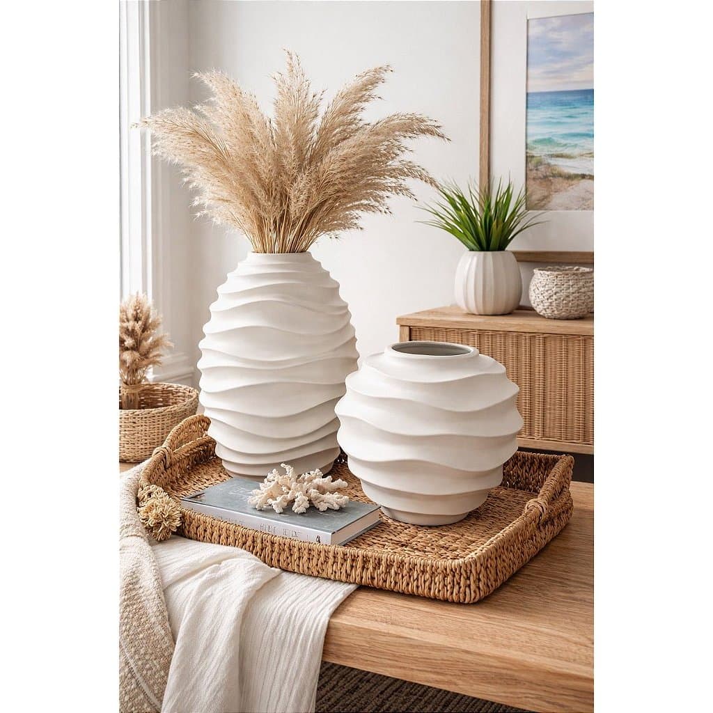 Vaso Ondas Decorativo Branco Grande em Cerâmica