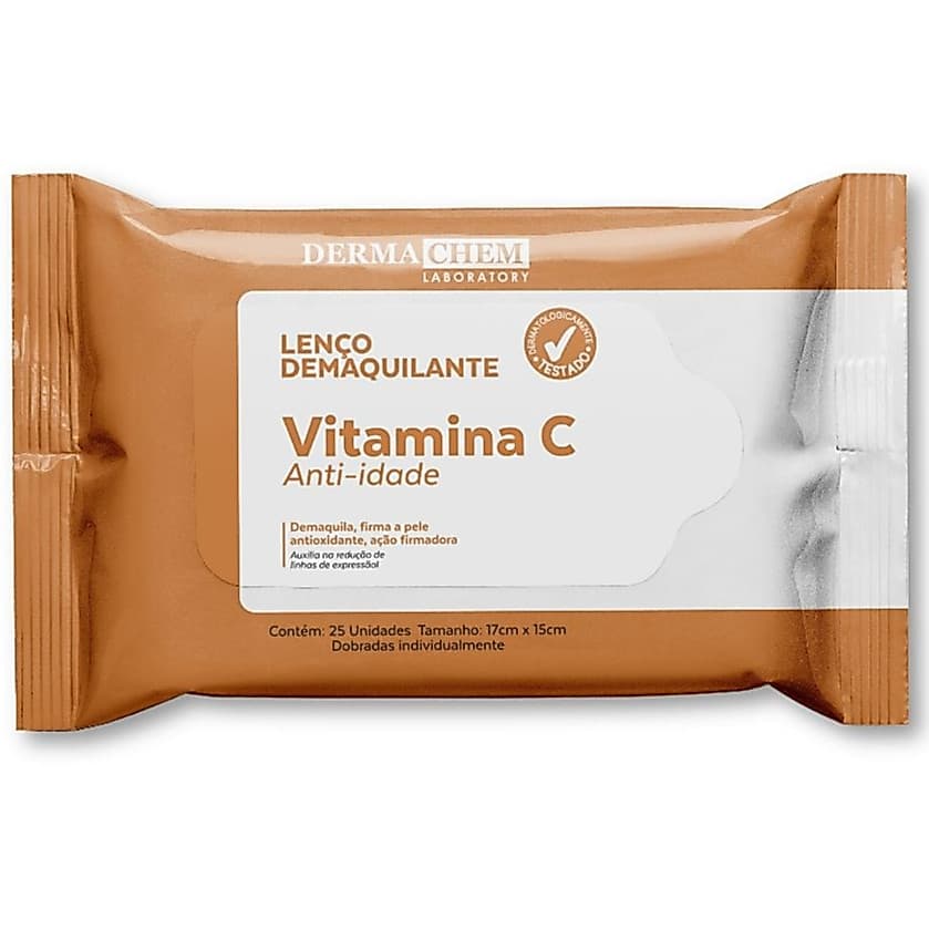 Lenço Demaquilante Vitamina C Dermachem 25 Unidades Limpeza Facial E Clareamento Skincare