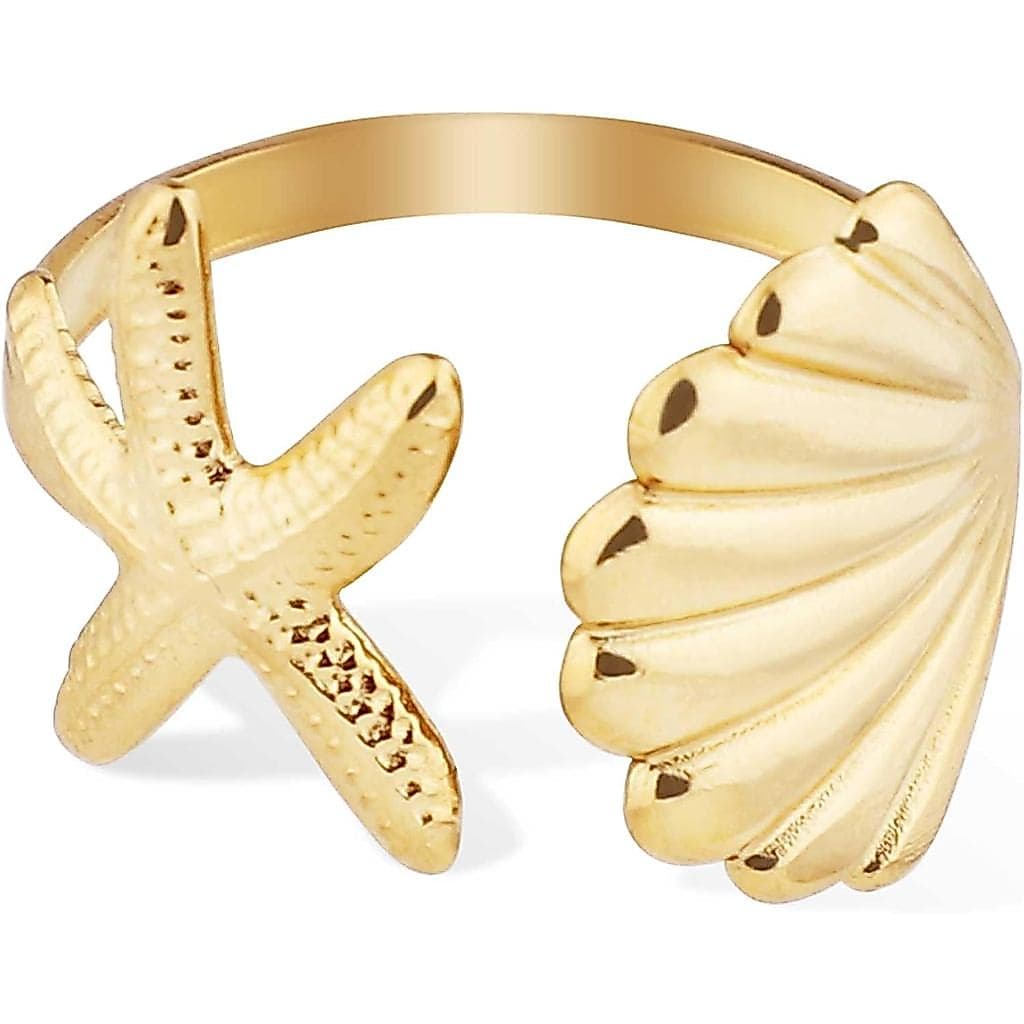 Anel de Estrela-do-mar e Concha, Anel de Estrela-do-mar Dourado, Anel de Concha em Aço Inoxidável, Joia Artística Ajustá