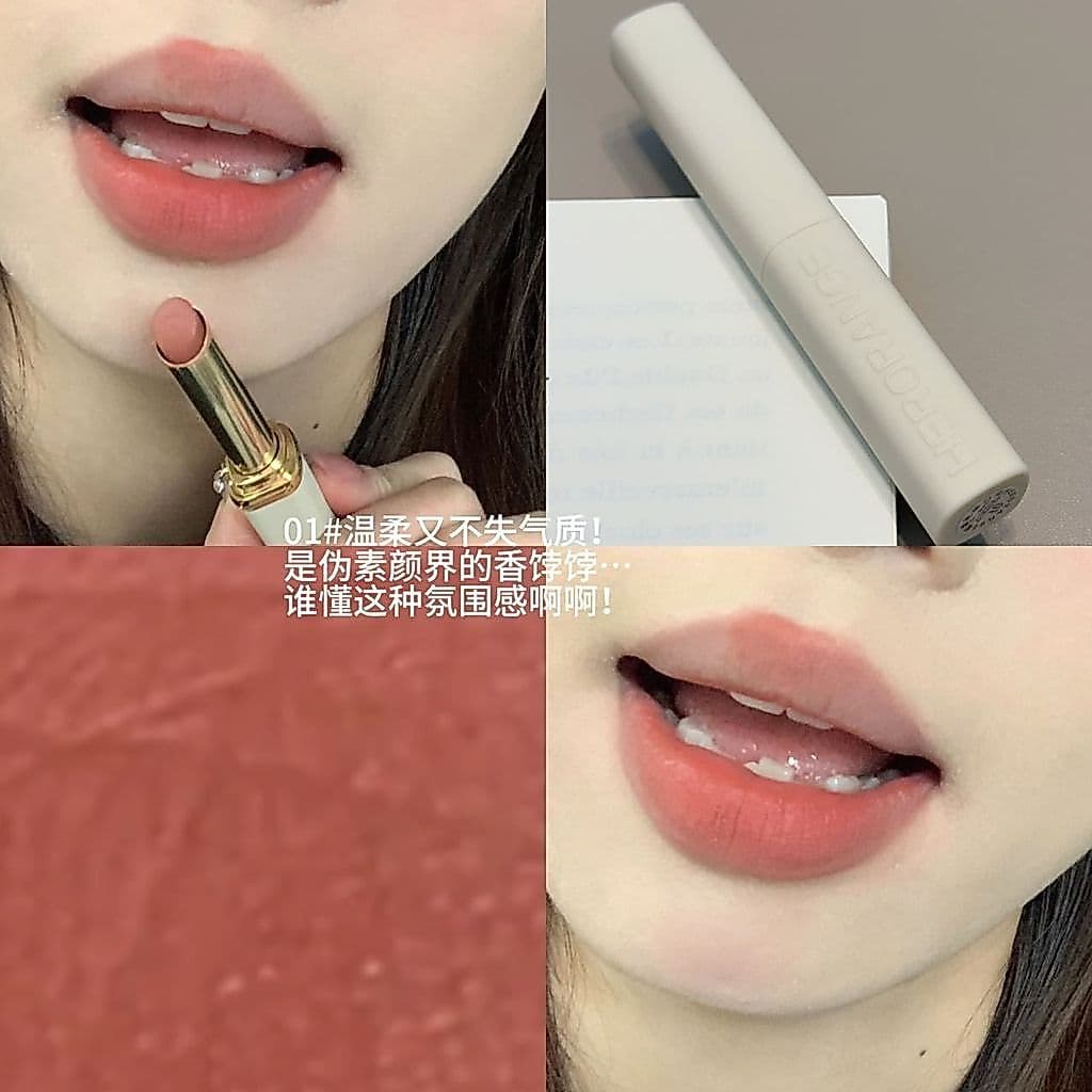 Batom em tubo branco, rico e hidratante, tubo fino, batom matte 199 Cold Beauty, nas cores chá com leite, rosa, pasta de