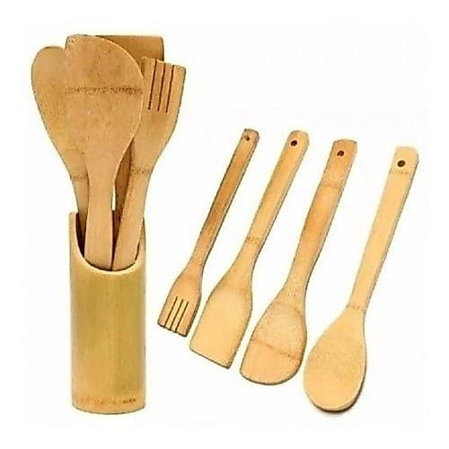 Utensílios De Cozinha Em Bambu 4 Peças Com Suporte Exclusivo