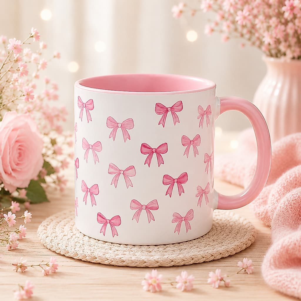 Caneca Laços Rosa Delicada – Estampa Coquette 325ml | Presente Feminino
