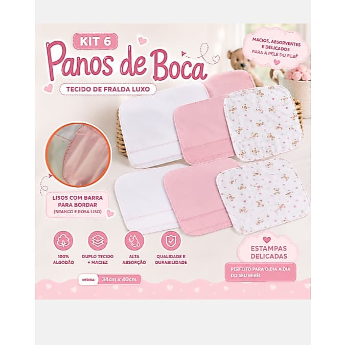 Pano de Boca 6 unidades Tecido Fralda Duplo 34cmx40cm Menina