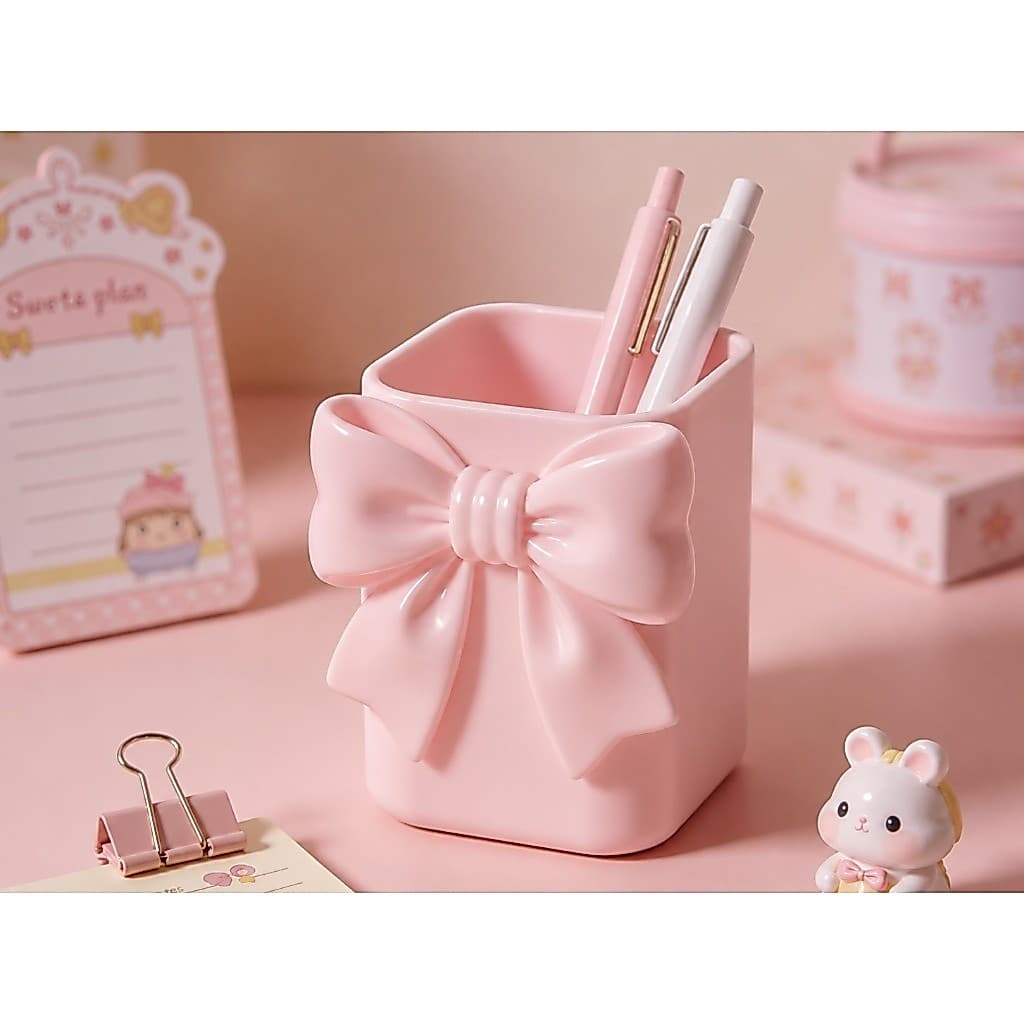 Porta Canetas Laço Rosa Organizador de Mesa Porta Lápis Decorativo Escritório e Home Office