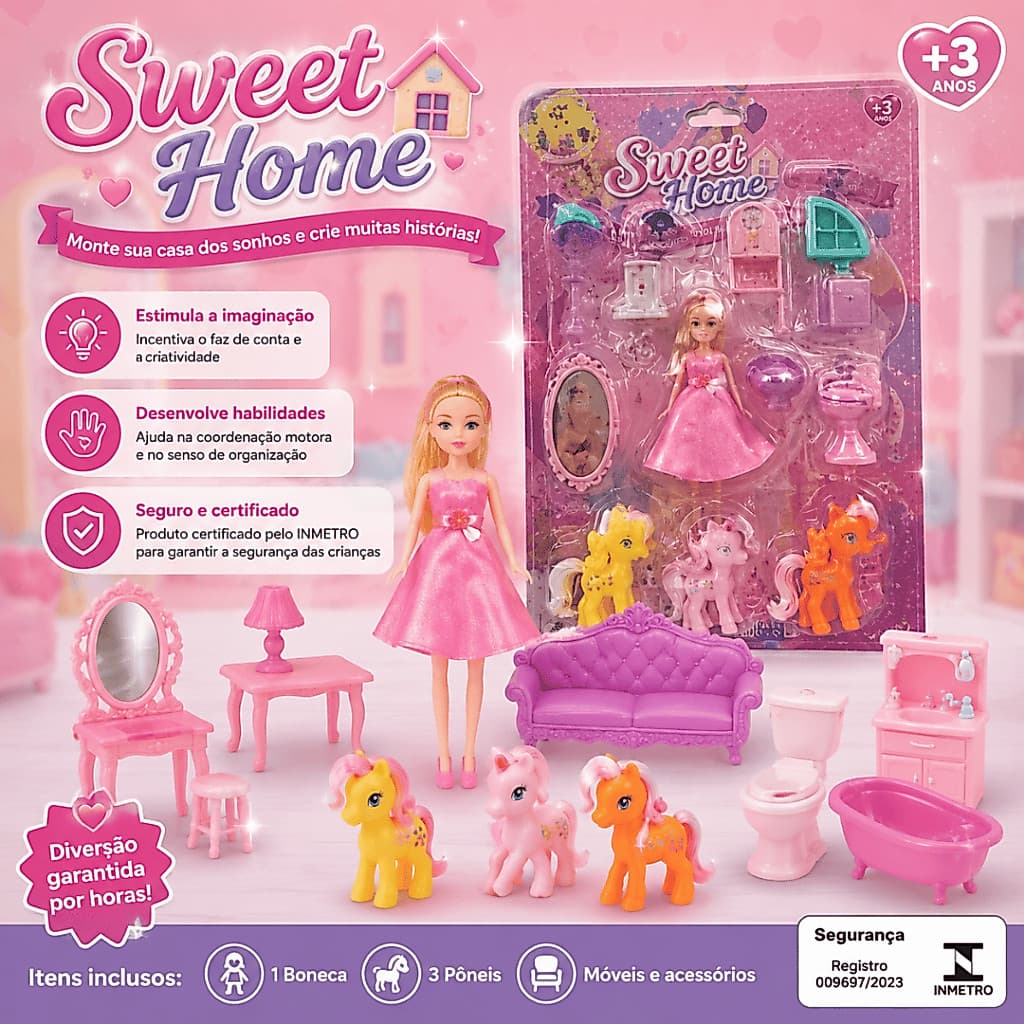 Kit Casinha Boneca Infantil Sweet Home com Pôneis e Acessórios Presente Menina +3