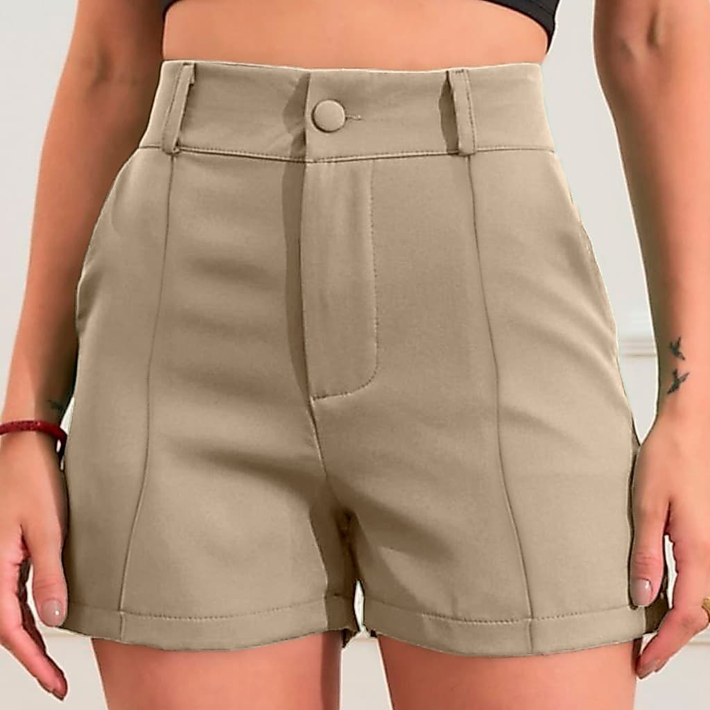 Short Feminino Cintura Alta Alfaiataria Risco Elegante Casual Verão