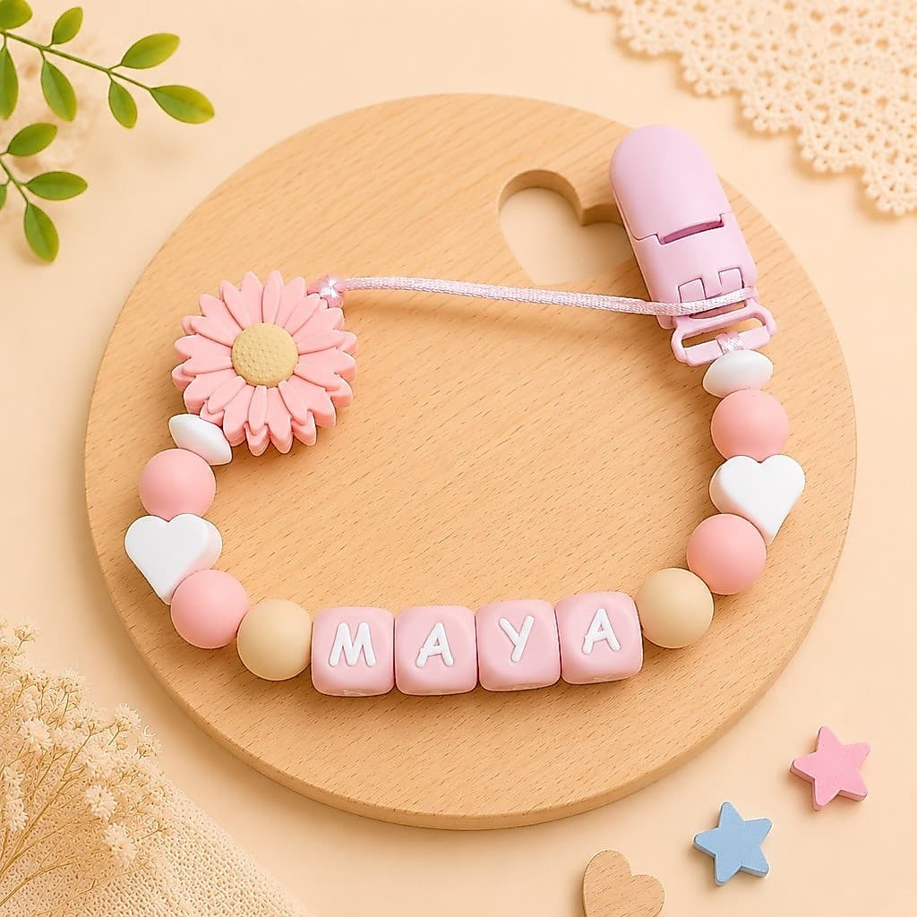 Prendedor de Chupeta de Silicone Macio e Mordedor Personalizado com Nome do Bebê Girassol BPA FREE