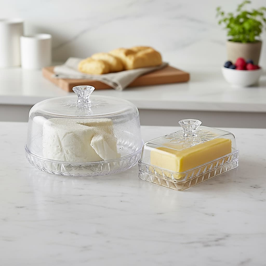 Kit Queijeira Pequena Manteigueira Acrílico Mesa Posta Porta Queijo Manteiga Tampa Transparente