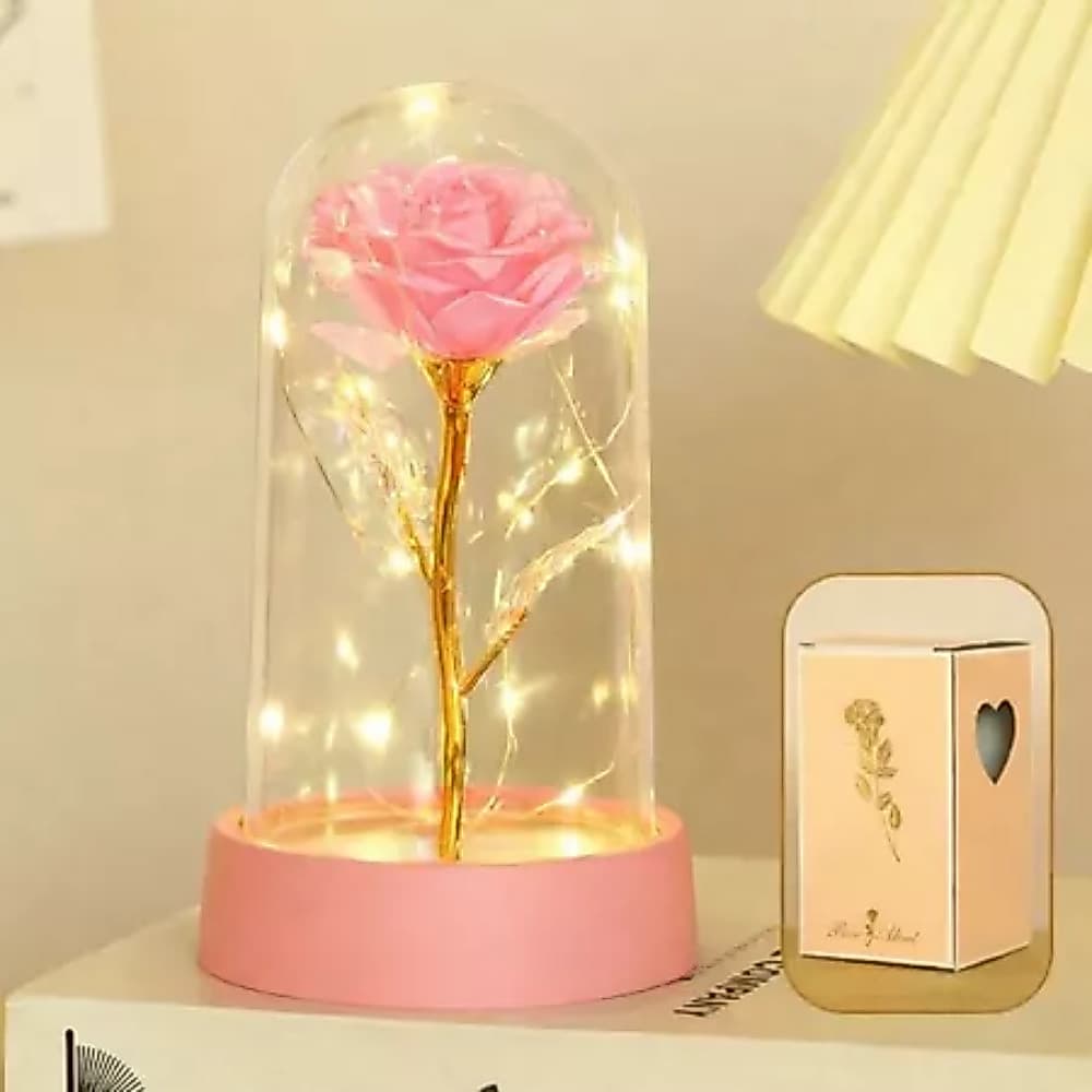 Rosa Encantada Novo Com Luz LED-Flor Eterna Decorativa em Cúpula de Acrílico / Brilha Estrelinha