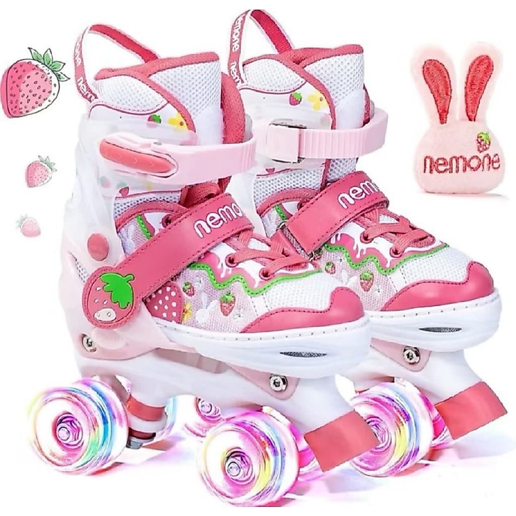 Patins Quad Infantil Moranguinho Orelha De Coelho Quad Ajuste De Tamanho Rodas Led Kit Proteção