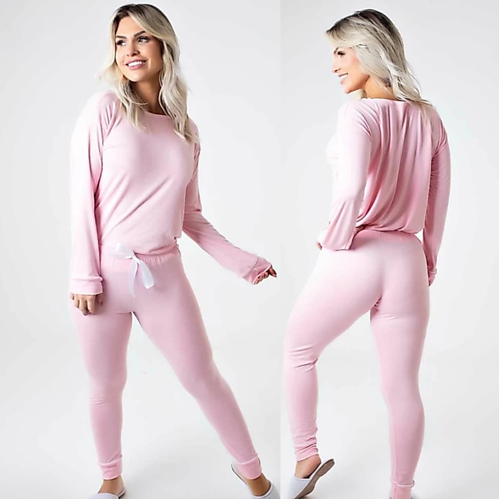 Pijama Inverno Manga Longa Calça Longa Quentinho Feminino Adulto Confortavel Frio de Dormir Slim