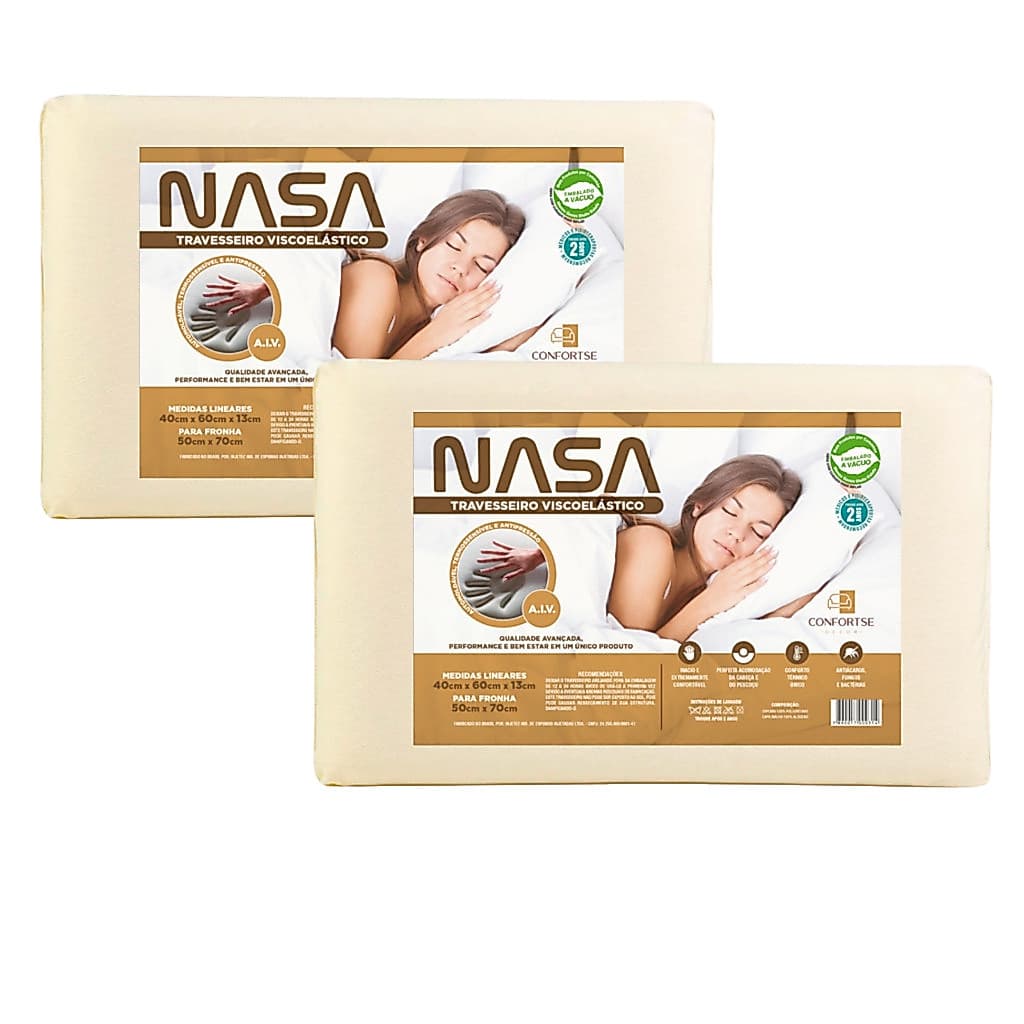 Kit 2 Travesseiro Nasa Original Viscoelastico Antialérgico Confortável Anti-Acaro Envio Imediato