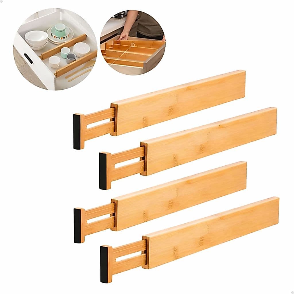 Kit 4 Divisor de Gaveta Divisória Organizador Ajustável Bambu Cozinha Guarda Roupa