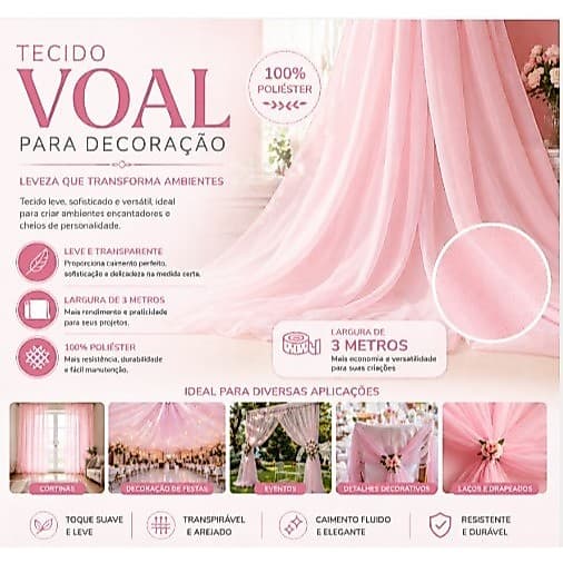 Voal Liso Premium Largura 3 Metros Varias Cores Cortina Decoração
