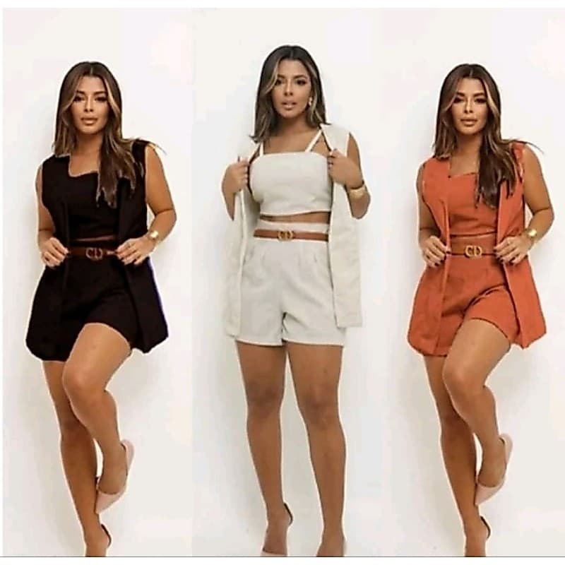 Conjunto feminino 3 peças Linho colete+cropedd+short.Vários tamanhos.Preto,Cru,Terracota e Menta.