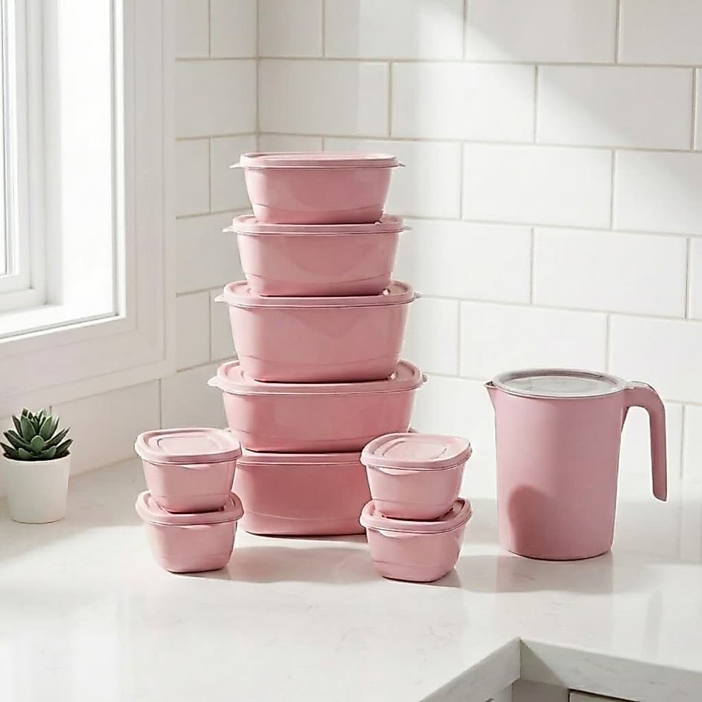 Pote Marmita Plástico Rosa Kit 10 Peças + 1 Jarra 1,8L Conjunto 11 Peças Cozinha