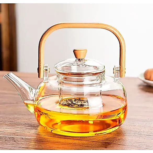Chaleira de Vidro 1 Litro Tampa de Bambu Premium Borossilicato Com Alça de Bambu