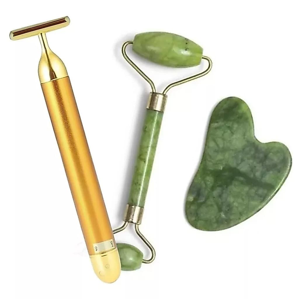 Massageador Facial Gold +  Massageador Pedra de Jade + Placa GuaSha Anti Idade Anti Sinais Skin Care